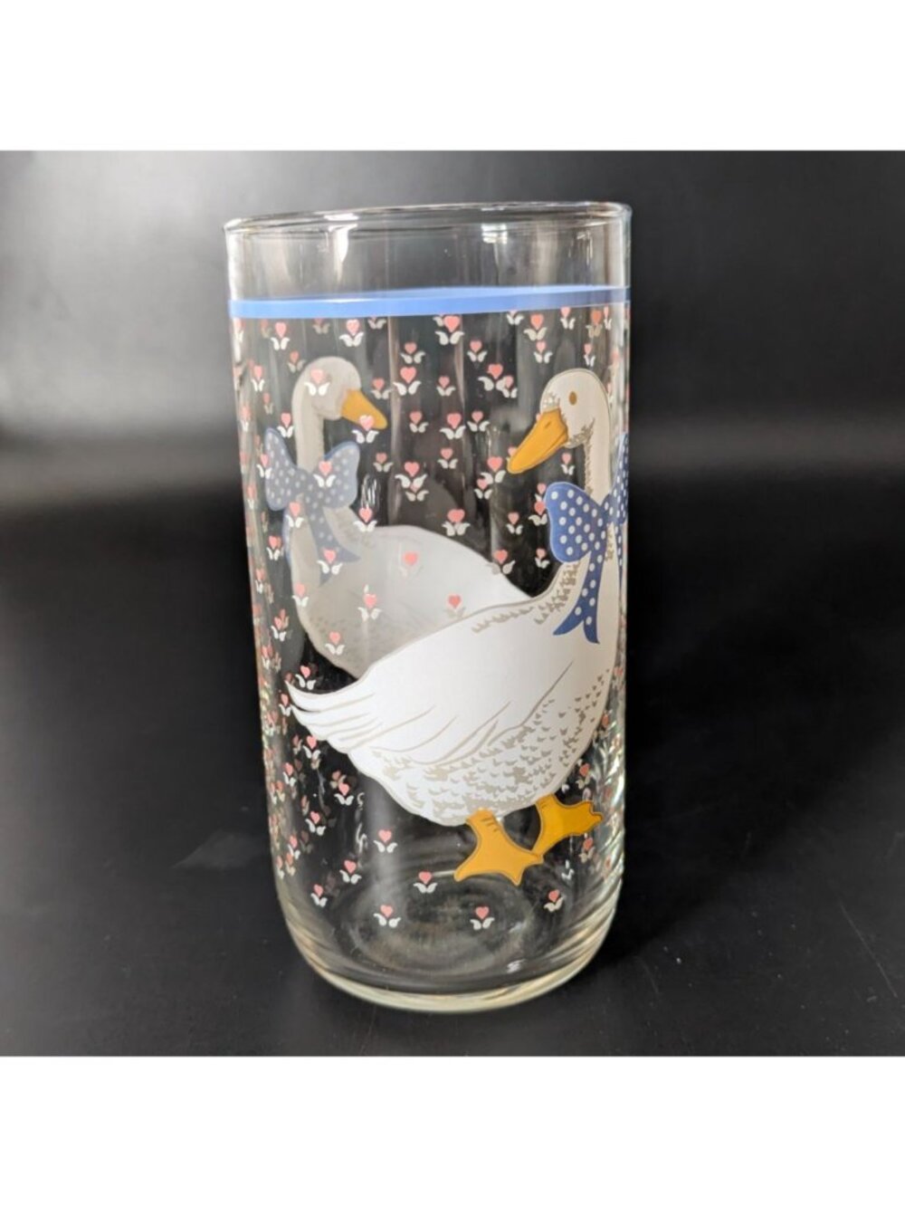 Libbey Country Goose Glass Tumbler Blue Bow Floral Tulips 1980s USA 16oz Vintage